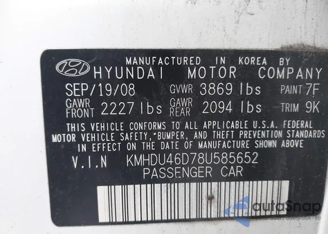 2008 Hyundai Elantra Gls/Se from USA, damaged, VIN KMHDU46D78U585652